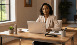 Confident African professional working remotely at a modern home office desk with laptop, coffee, and plants, shot in warm natural light for a magazine-cover style image.