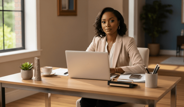 Confident African professional working remotely at a modern home office desk with laptop, coffee, and plants, shot in warm natural light for a magazine-cover style image.
